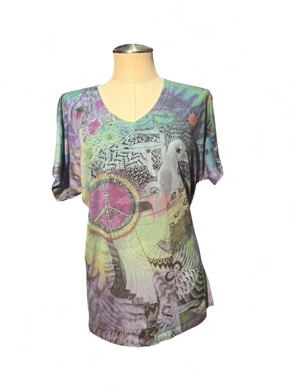 B.L.E.U. Pastel Tie-Dye V-Neck Tee with Peace Graphic